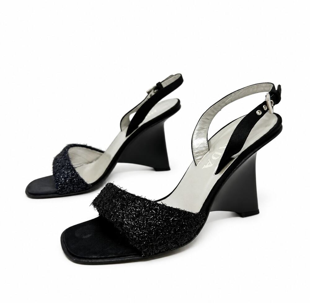 Prada Vintage Black Slingback Wedge Sandals Womens Size 38